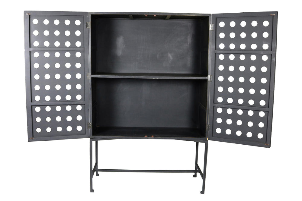 HomeRoots 48" Dark Gray Solid Wood & Metal Accent Chest - Industrial Two-Door Storage with Unique Design 489028