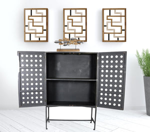 Homeroots 48" Dark Gray Solid Wood And Metal Holey Two Door Accent Chest  Solid Wood,Iron 489028