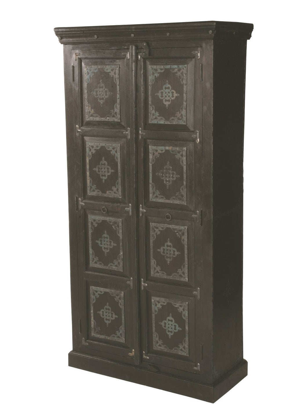 HomeRoots 72" Rustic Dark Brown Solid Mango Wood Pantry Cabinet with Elegant Filigree Design for Versatile Storage 489034
