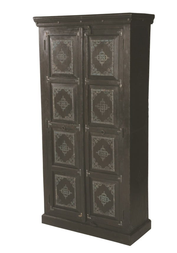 HomeRoots 72" Rustic Dark Brown Solid Mango Wood Pantry Cabinet with Elegant Filigree Design for Versatile Storage 489034