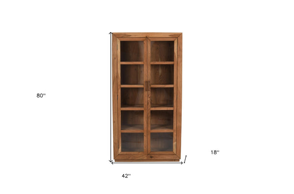 HomeRoots 80" Brown Solid Wood Display Stand with Glass Doors - Stylish Storage for China, Collectibles & More 489035