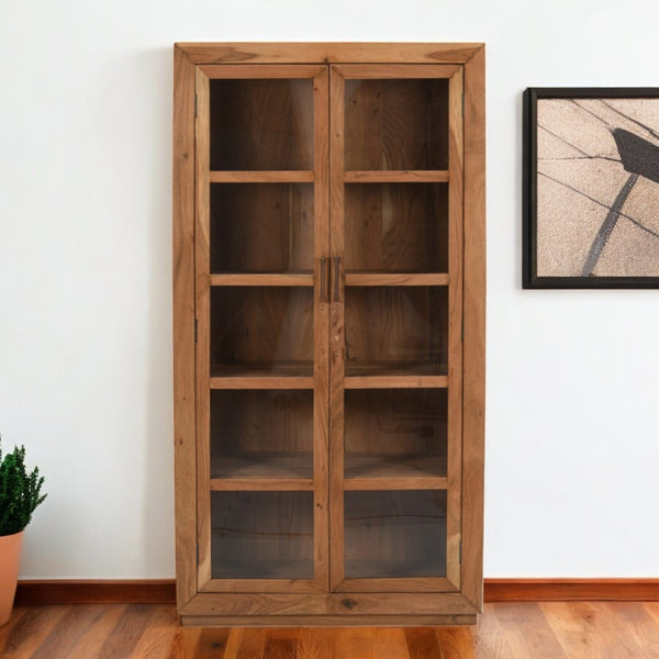 HomeRoots 80" Brown Solid Wood Display Stand with Glass Doors - Stylish Storage for China, Collectibles & More 489035