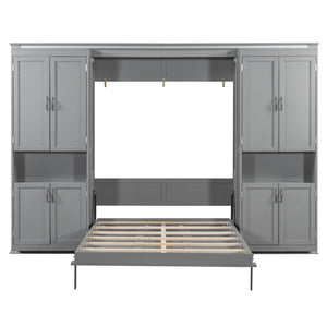 English Elm Full-size Murphy Wall Bed with Sliding Cabinets and Twelve Open Shelves for Studios Gray LP000919AAE