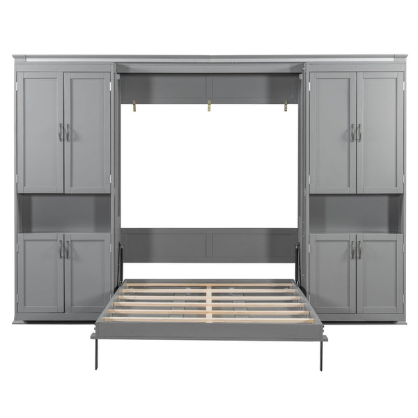 English Elm Full-size Murphy Wall Bed with Sliding Cabinets and Twelve Open Shelves for Studios Gray LP000919AAE