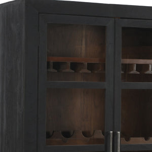 HomeRoots 80" Dark Gray Distressed Solid Wood Bar Cabinet - Elegant Storage for Wine & Glassware Display 489038