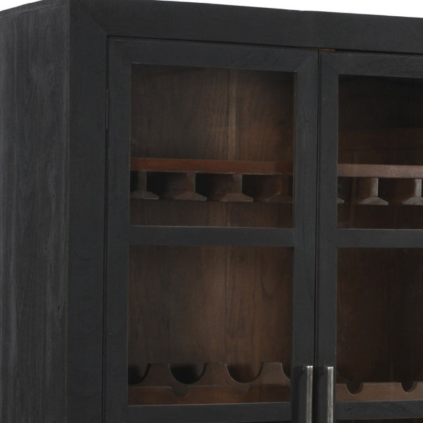 HomeRoots 80" Dark Gray Distressed Solid Wood Bar Cabinet - Elegant Storage for Wine & Glassware Display 489038