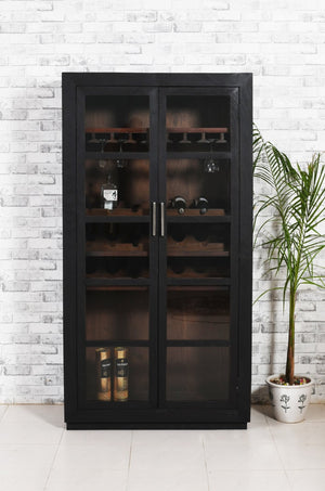 HomeRoots 80" Dark Gray Distressed Solid Wood Bar Cabinet - Elegant Storage for Wine & Glassware Display 489038