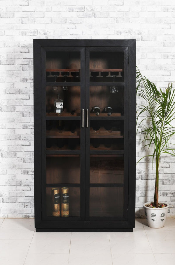 HomeRoots 80" Dark Gray Distressed Solid Wood Bar Cabinet - Elegant Storage for Wine & Glassware Display 489038