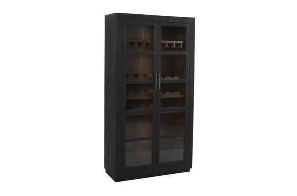 HomeRoots 80" Dark Gray Distressed Solid Wood Bar Cabinet - Elegant Storage for Wine & Glassware Display 489038