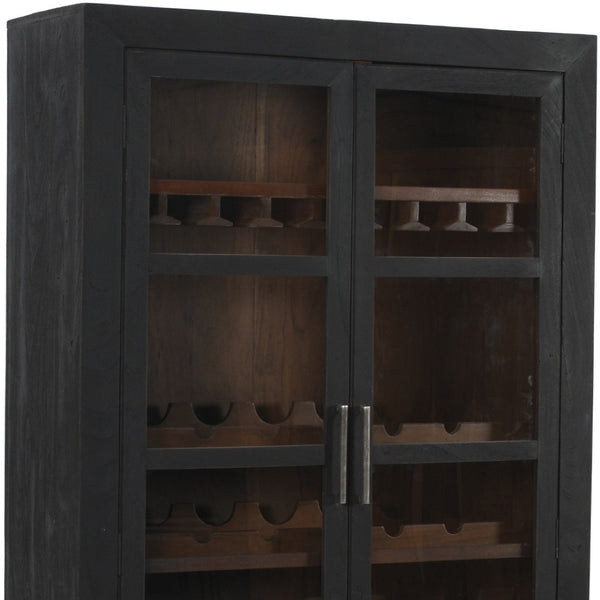 HomeRoots 80" Dark Gray Distressed Solid Wood Bar Cabinet - Elegant Storage for Wine & Glassware Display 489038