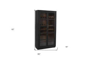 HomeRoots 80" Dark Gray Distressed Solid Wood Bar Cabinet - Elegant Storage for Wine & Glassware Display 489038