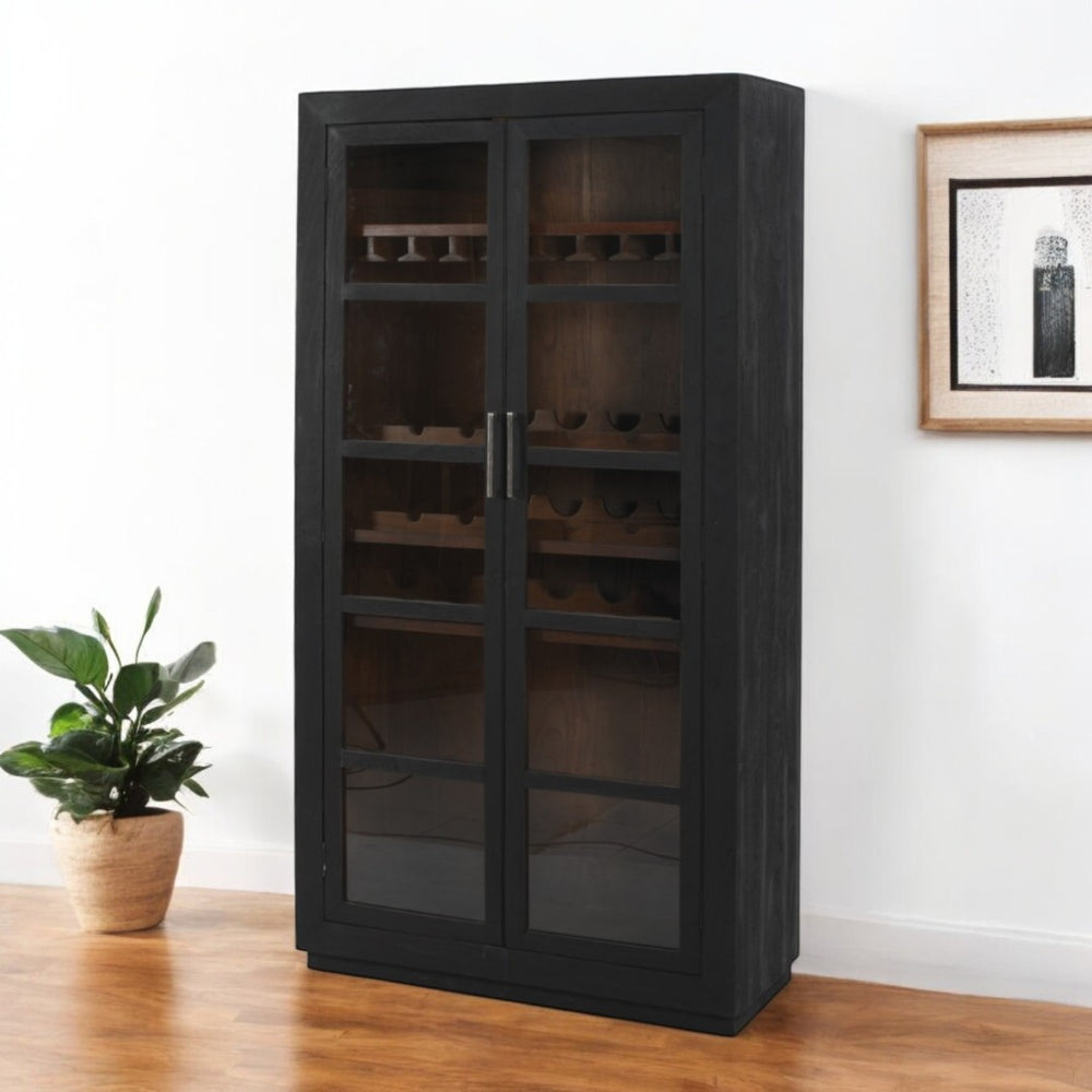 HomeRoots 80" Dark Gray Distressed Solid Wood Bar Cabinet - Elegant Storage for Wine & Glassware Display 489038