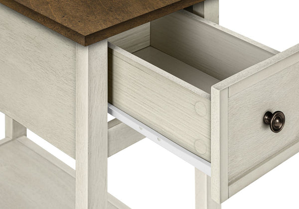 English Elm Accent Table, Two-Tier Narrow Design With Storage Drawer, Antique White & Brown Finish For Versatile Use B2710P219471