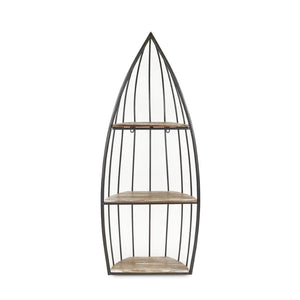 HomeRoots 37" Coastal Charm Boat-Shaped Bookcase with Distressed Gray Wood & Metal Frame for Stylish Storage 489053