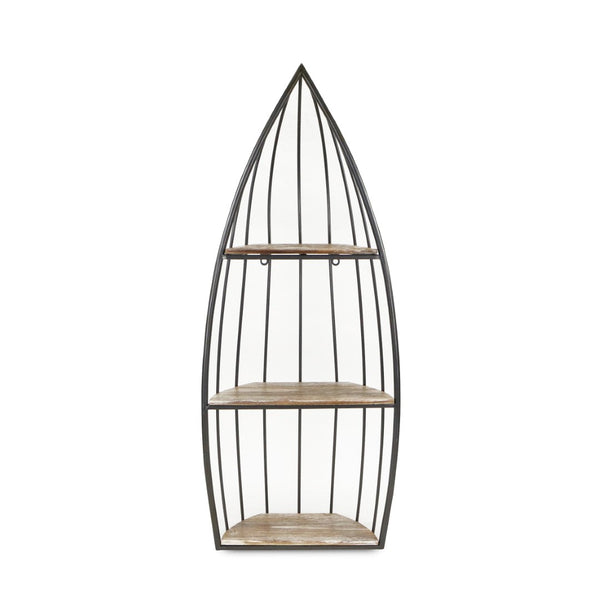 HomeRoots 37" Coastal Charm Boat-Shaped Bookcase with Distressed Gray Wood & Metal Frame for Stylish Storage 489053