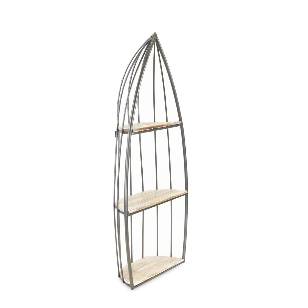 HomeRoots 37" Coastal Charm Boat-Shaped Bookcase with Distressed Gray Wood & Metal Frame for Stylish Storage 489053