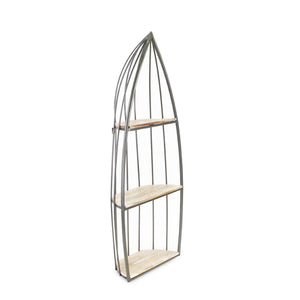 HomeRoots 37" Coastal Charm Boat-Shaped Bookcase with Distressed Gray Wood & Metal Frame for Stylish Storage 489053