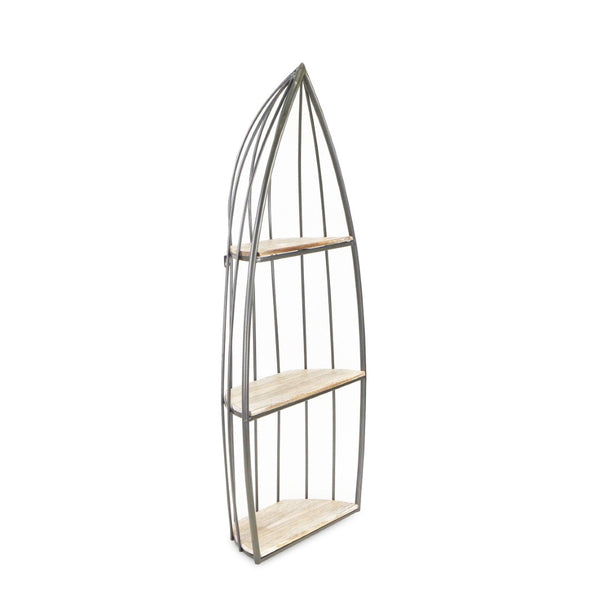 HomeRoots 37" Coastal Charm Boat-Shaped Bookcase with Distressed Gray Wood & Metal Frame for Stylish Storage 489053