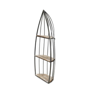 HomeRoots 37" Coastal Charm Boat-Shaped Bookcase with Distressed Gray Wood & Metal Frame for Stylish Storage 489053