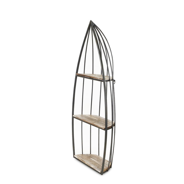 HomeRoots 37" Coastal Charm Boat-Shaped Bookcase with Distressed Gray Wood & Metal Frame for Stylish Storage 489053