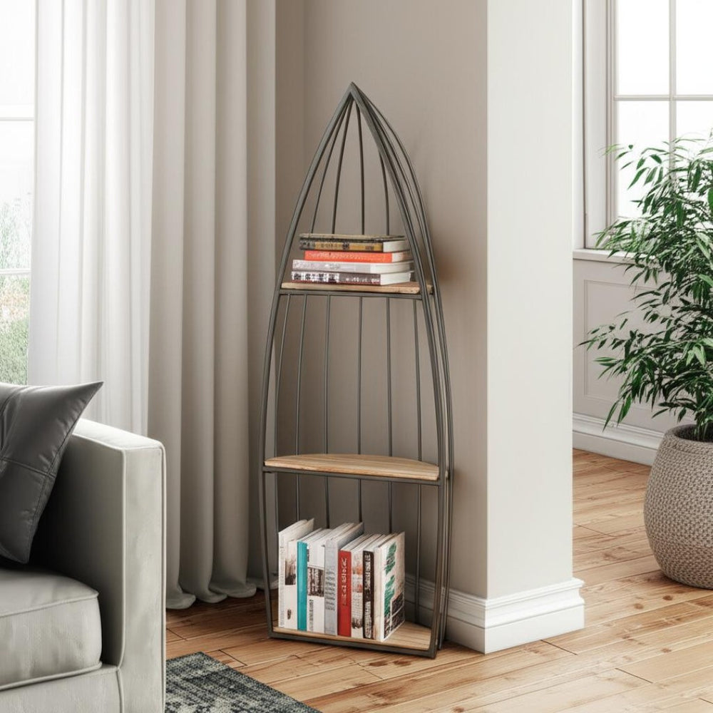 HomeRoots 37" Coastal Charm Boat-Shaped Bookcase with Distressed Gray Wood & Metal Frame for Stylish Storage 489053