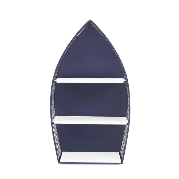 HomeRoots 30" Coastal Boat-Shaped Bookcase - Navy Blue & White Metal/Wood Shelving for Charming Displays 489054