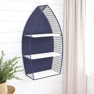 HomeRoots 30" Coastal Boat-Shaped Bookcase - Navy Blue & White Metal/Wood Shelving for Charming Displays 489054