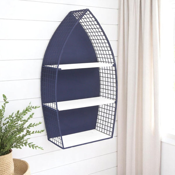 HomeRoots 30" Coastal Boat-Shaped Bookcase - Navy Blue & White Metal/Wood Shelving for Charming Displays 489054