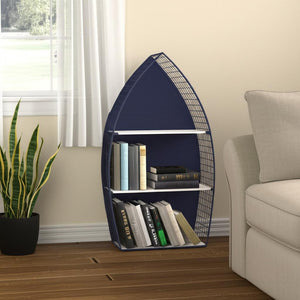 HomeRoots 30" Coastal Boat-Shaped Bookcase - Navy Blue & White Metal/Wood Shelving for Charming Displays 489054