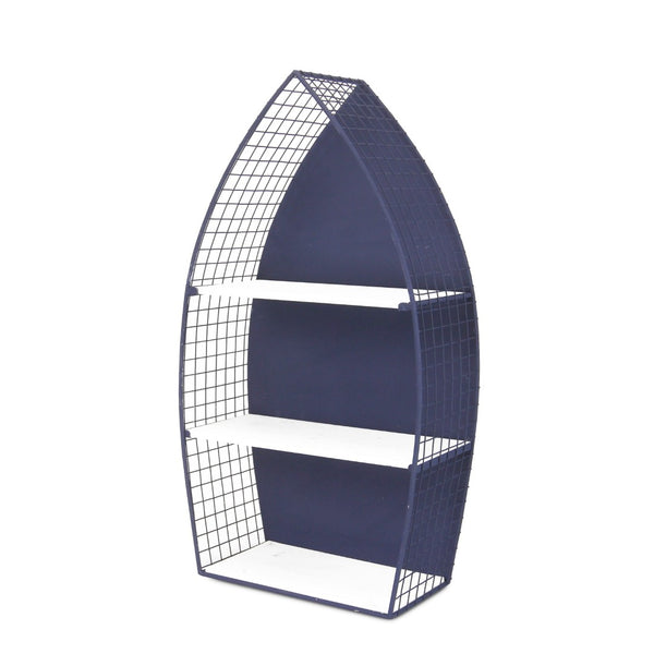 HomeRoots 30" Coastal Boat-Shaped Bookcase - Navy Blue & White Metal/Wood Shelving for Charming Displays 489054