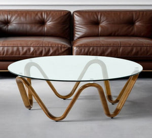 HomeRoots 45" Elegant Round Coffee Table with Clear Glass Top and Rich Brown Solid Wood Base for Modern Spaces 489059