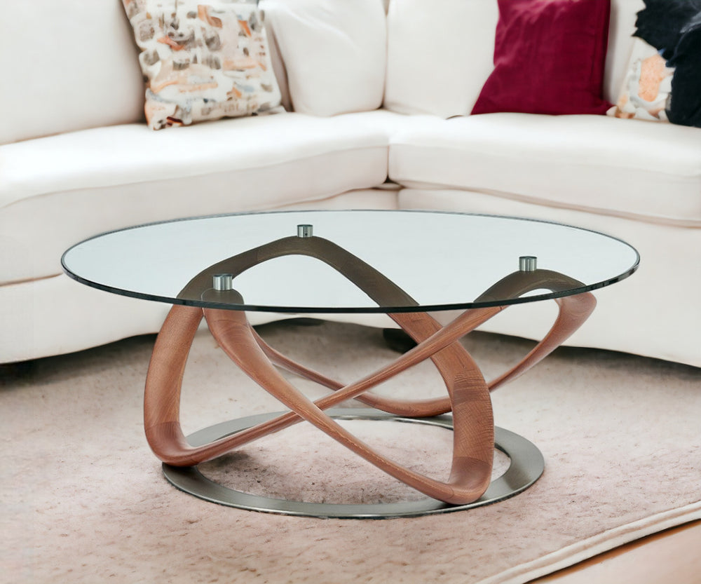 Homeroots 39" Clear And Brown Glass And Solid Wood Round Coffee Table   489060