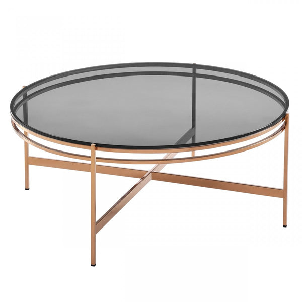 Homeroots 35" Gold And Smoked Glass Round Coffee Table   489061