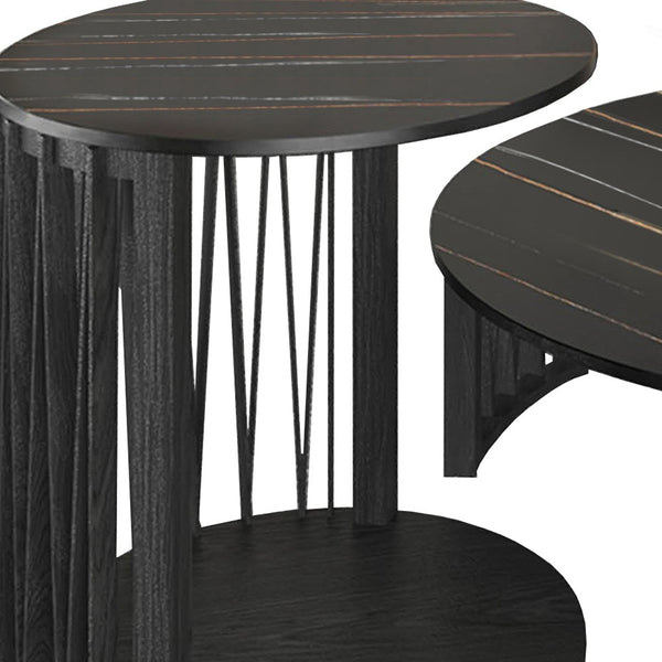 Homeroots 35" Black Marble And Solid Wood Round Nested Coffee Tables   489062