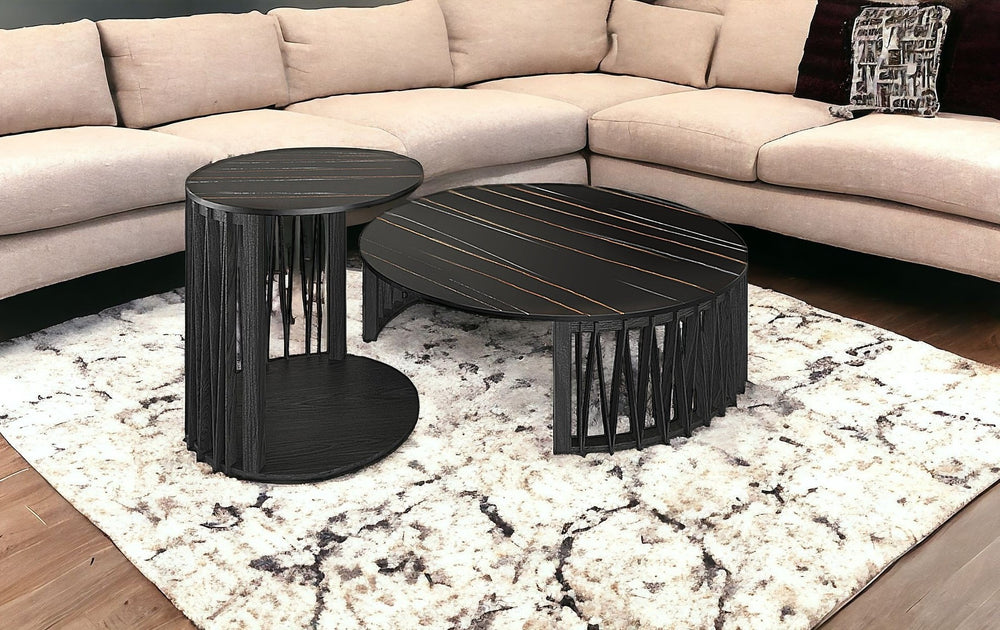 Homeroots 35" Black Marble And Solid Wood Round Nested Coffee Tables   489062