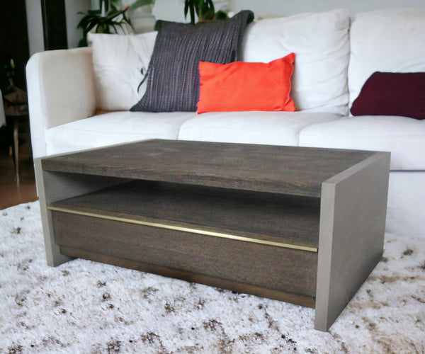 Homeroots 47" Dark Grey Walnut And Concrete Rectangular Coffee Table With Drawer And Shelf   489063