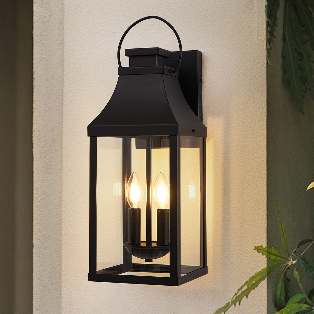 English Elm 20'' Modern Outdoor Wall Light Sconce - Durable Black Lantern With Clear Glass For Entryways & Garages W2312P409019