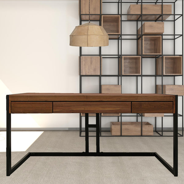 Homeroots 60" Brown And Black Acacia Solid Wood Executive Desk With Three Drawers   489174