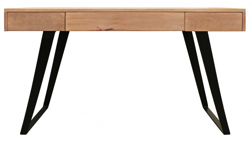 Homeroots 54" Natural And Black Solid Wood Writing Desk With Three Drawers   489175