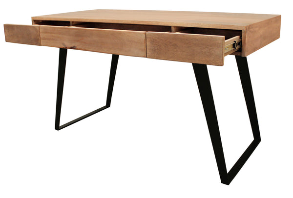 Homeroots 54" Natural And Black Solid Wood Writing Desk With Three Drawers   489175