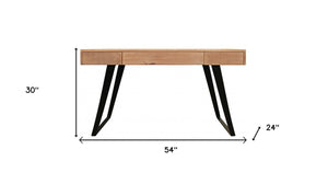 Homeroots 54" Natural And Black Solid Wood Writing Desk With Three Drawers   489175