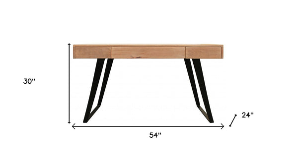 Homeroots 54" Natural And Black Solid Wood Writing Desk With Three Drawers   489175