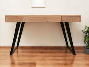 Homeroots 54" Natural And Black Solid Wood Writing Desk With Three Drawers   489175