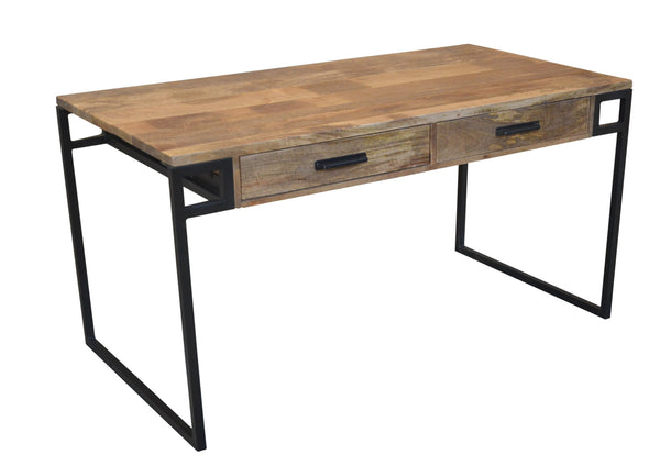 Homeroots 60" Natural And Black Solid Wood Writing Desk With Two Drawers   489179