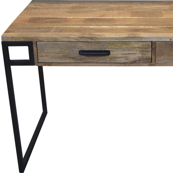 Homeroots 60" Natural And Black Solid Wood Writing Desk With Two Drawers   489179