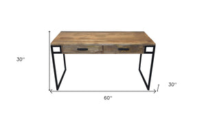 Homeroots 60" Natural And Black Solid Wood Writing Desk With Two Drawers   489179
