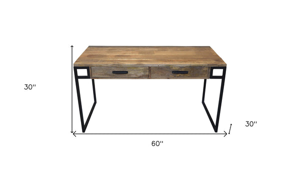 Homeroots 60" Natural And Black Solid Wood Writing Desk With Two Drawers   489179