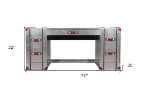 Homeroots 72" Silver Aluminum Executive Desk With Five Drawers   489182