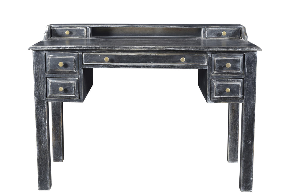 Homeroots 46" Black Solid Wood Writing Desk With Seven Drawers   489185