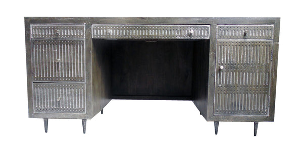 Homeroots 64" Brown And Silver Solid Wood Executive Desk With Five Drawers   489189